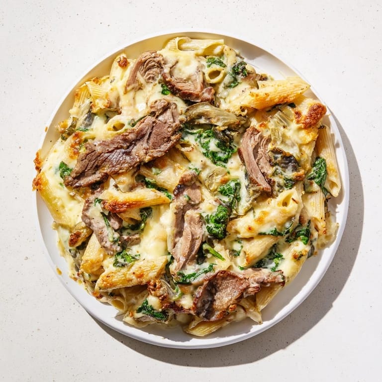 Golden, bubbly Steak & Spinach Artichoke Pasta Bake; imagine the steak, spinach, and pasta with melted cheese.
