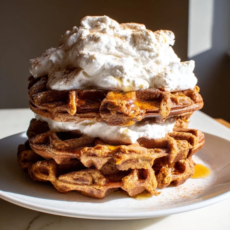 Perfectly browned Express Gingerbread Waffle Stacks, layered with whipped cream, ideal for a festive dessert.