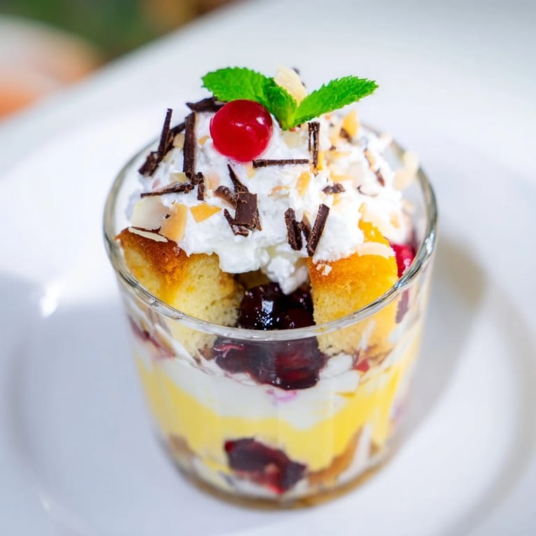 Close-up of festive Christmas Trifle Cups piled high with creamy custard, fresh berries, and fluffy whipped cream topping.