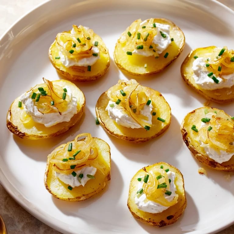 A platter of warm Lightened French Onion Potato Bites displays golden potato rounds with a cheesy onion topping.