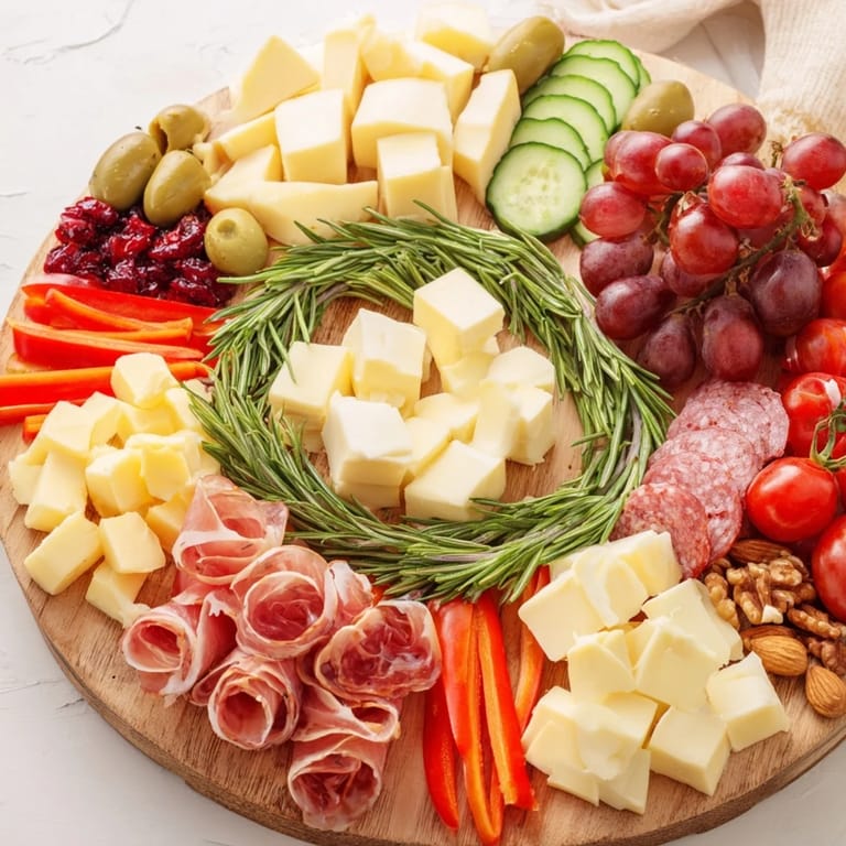 Vibrant Simplified Grazing Board Wreath arrangement, showcasing a delicious variety of cheeses and charcuterie.