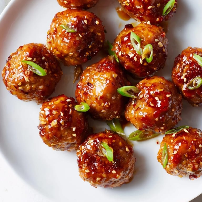 A plate of flavorful Spicy Honey-Glazed Chicken Meatballs, garnished with green onions and sesame seeds.