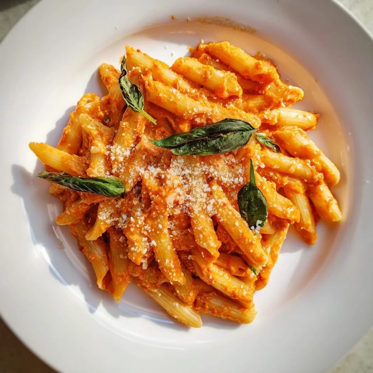 A beautiful bowl of 15-Minute Creamy Red Pepper Pasta, topped with fresh basil and Parmesan cheese.