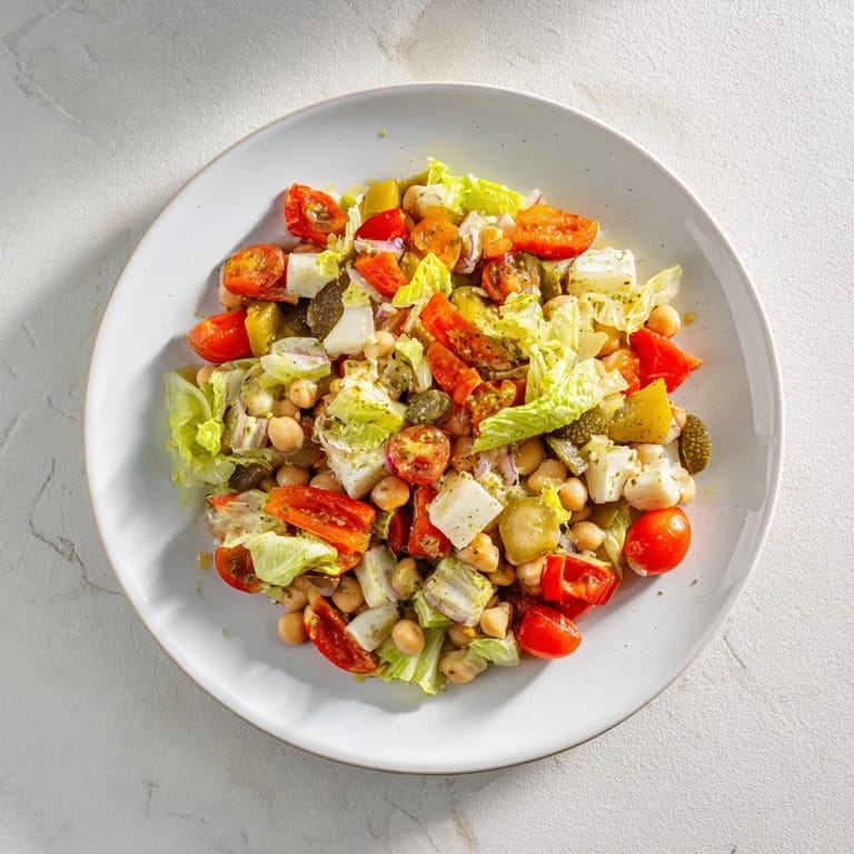Close-up of a refreshing La Scala Chopped Chickpea Salad, showing the vibrant mix of ingredients and Italian dressing.
