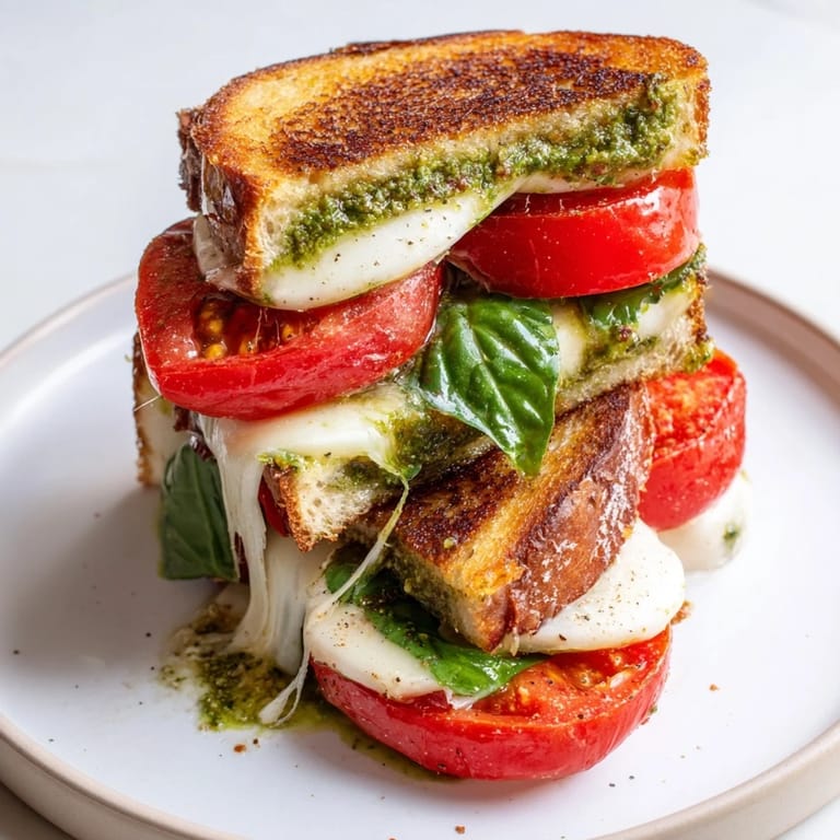Mouthwatering Caprese Pesto Panini-Style Grilled Cheese, showing a melty cheese pull with fresh, green pesto aroma.