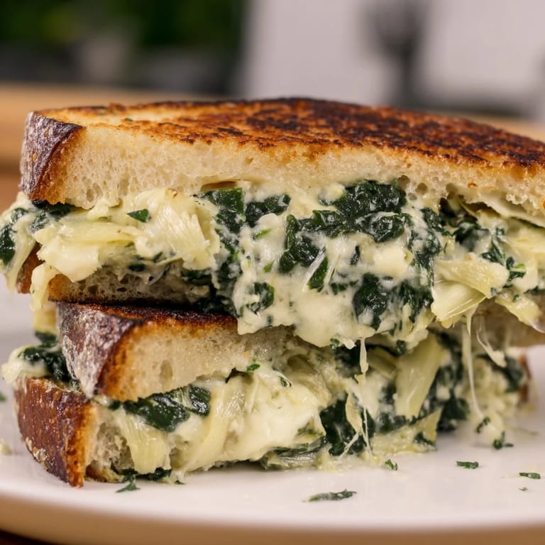 Warm and gooey sourdough spinach artichoke dip grilled cheese, a perfect American comfort food creation.