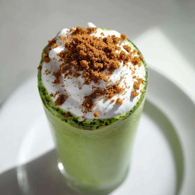 Frothy Sugar-Free Gingerbread Cookie Matcha Frappe topped with whipped cream, ready to enjoy.