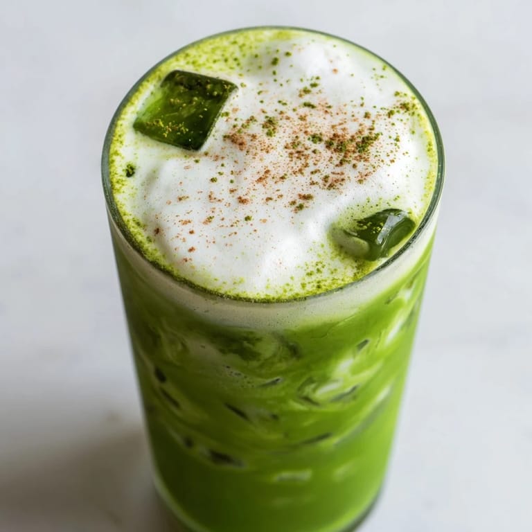Refreshing green Iced Cinnamon Roll Matcha latte with creamy protein foam and cinnamon.