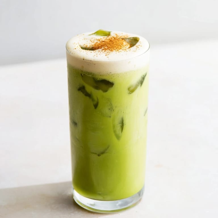 Enjoy a delicious and healthy Iced Cinnamon Roll Matcha with sweet vanilla protein foam.