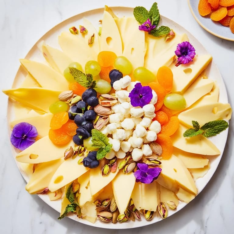Beautiful and colorful Daffodil Cheese Board with a variety of cheeses, nuts, and fresh berries.
