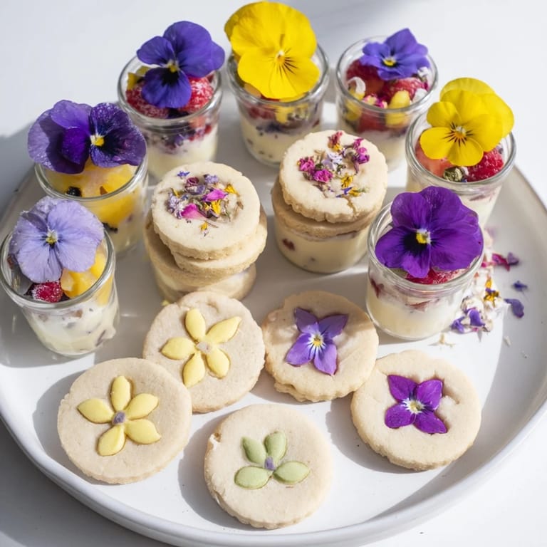 Imagine a close-up of the Spring Flower Dessert Tray, overflowing with delicate, flowery, sweet desserts.
