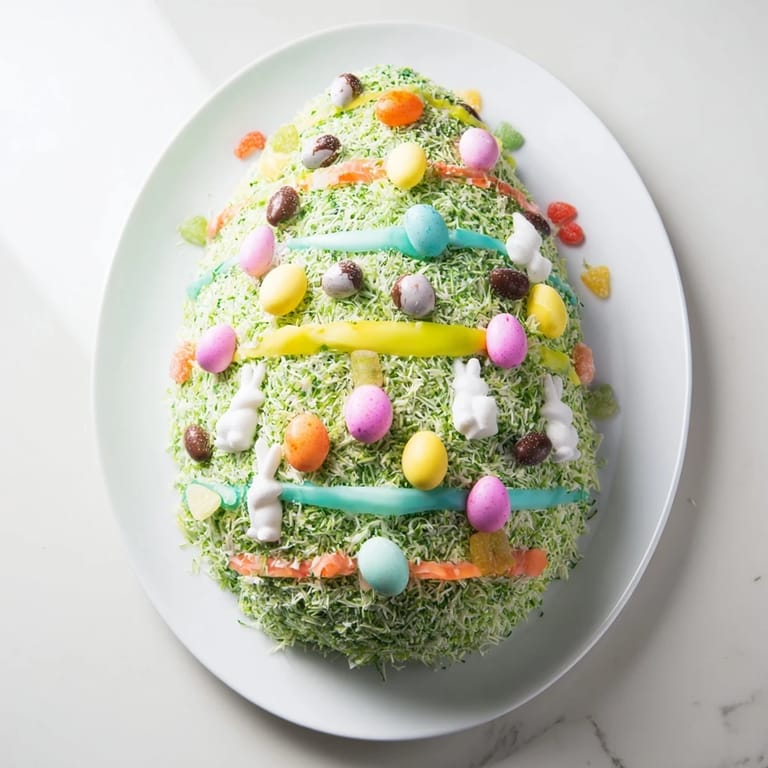 A close-up view showing a festive Egg-Shaped Candy platter with marshmallow chicks ready to serve.