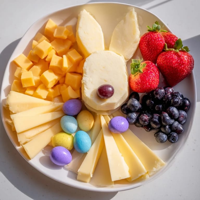 An inviting Bunny Ears Easter Board showcasing a charming array of fresh produce and cheeses, perfect for snacking.