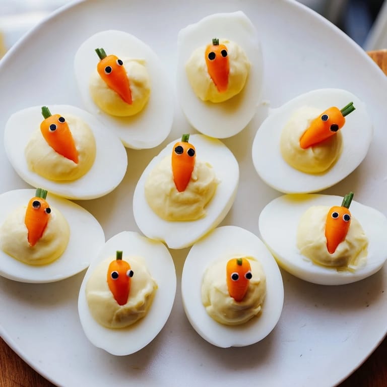 These festive Chick & Duckling Snacks feature bright orange beaks and pepper eyes on savory egg treats.