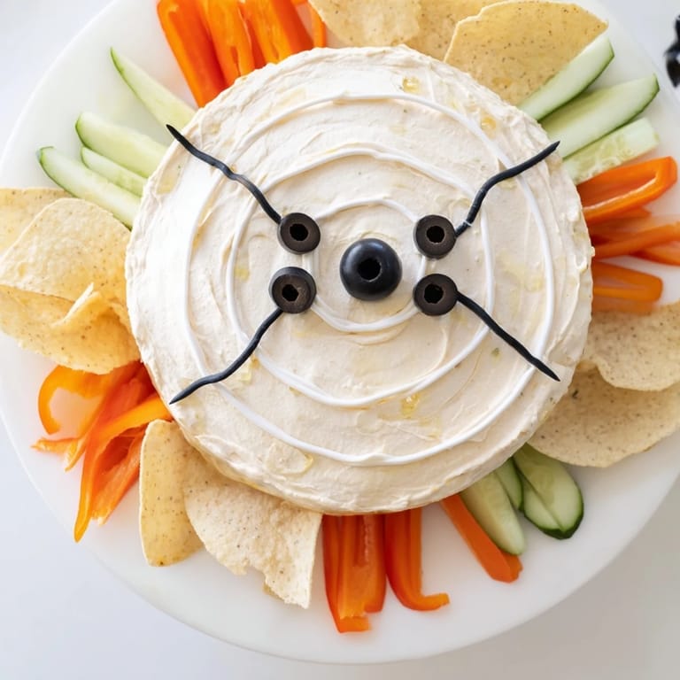 Festive Creepy Crawly Spiderweb Platter features a delicious, savory web dip surrounded by fresh colorful dippers.