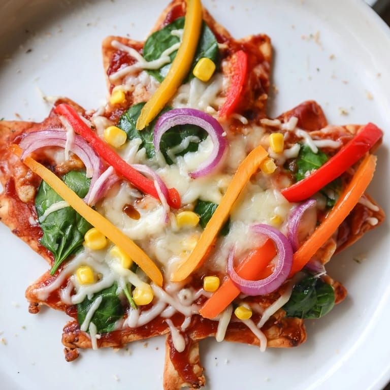 Vibrant red and yellow peppers decorate these delicious Fall Foliage Maple Leaf Mini Pizzas, ready to eat.