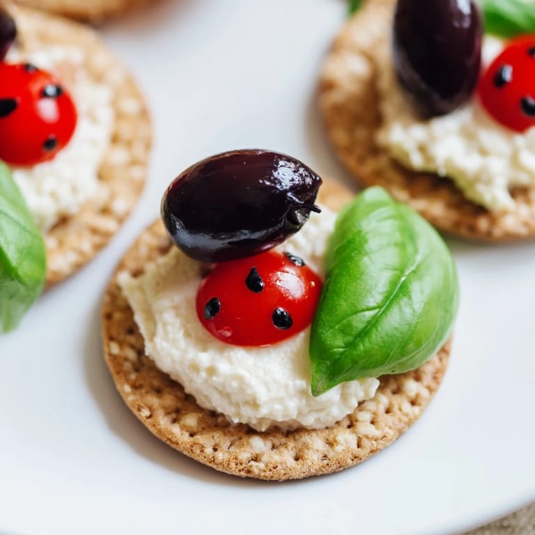 Quick and easy Ladybug Love Picnic Finger Foods: Cream cheese crackers topped with smiling ladybug faces.