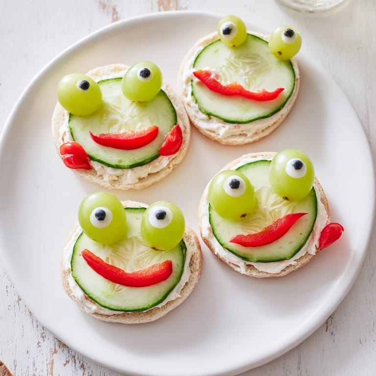 These playful Prince Charming Froggy Sandwich Cutouts feature delightful green grape eyes and a creamy filling.