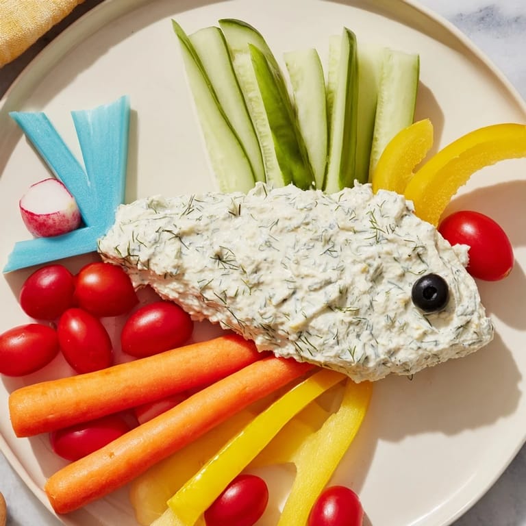 Fresh vegetable crudités and dips artfully arranged as the Ocean Blue Fish-Shaped Dip Tray, perfect for parties.