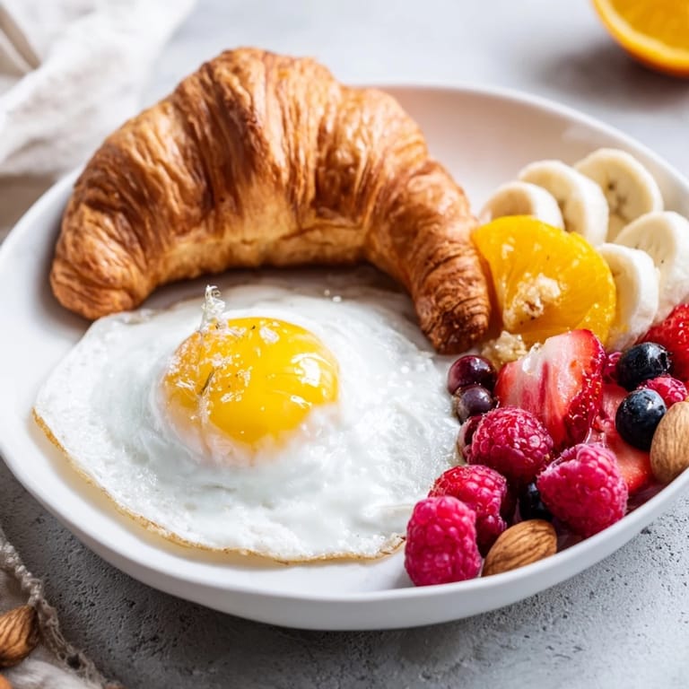 Enjoy the delicious fruits, yogurt, bread, and eggs of this beautiful Soleil Matinal breakfast.