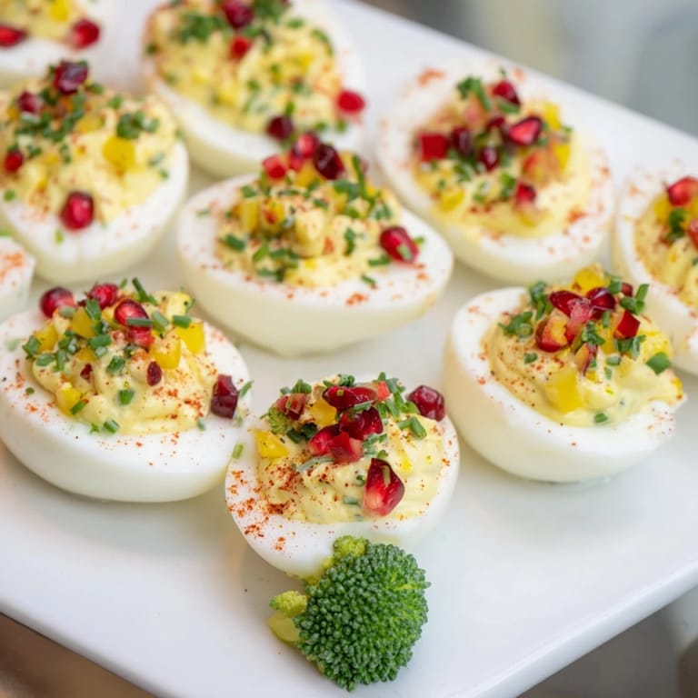 Close-up of vibrant Christmas Tree Deviled Eggs, garnished with dill and bright red pomegranate seeds.