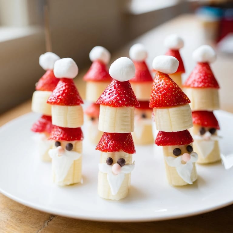 These healthy Banana Strawberry Santa Skewers sparkle with mini chocolate chip eyes and a sweet marshmallow hat.