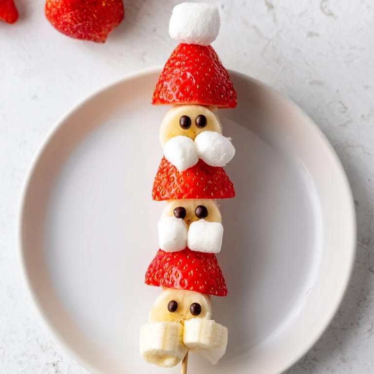 Easy-to-make Banana Strawberry Santa Skewers offer a fun, simple holiday snack, boasting fresh strawberry and banana bites.