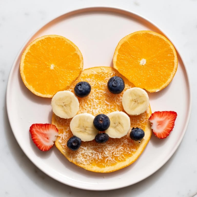 Fresh orange slices and berries create a delightful Orange Slice Bear Face Fruit Board, a healthy snack for kids.