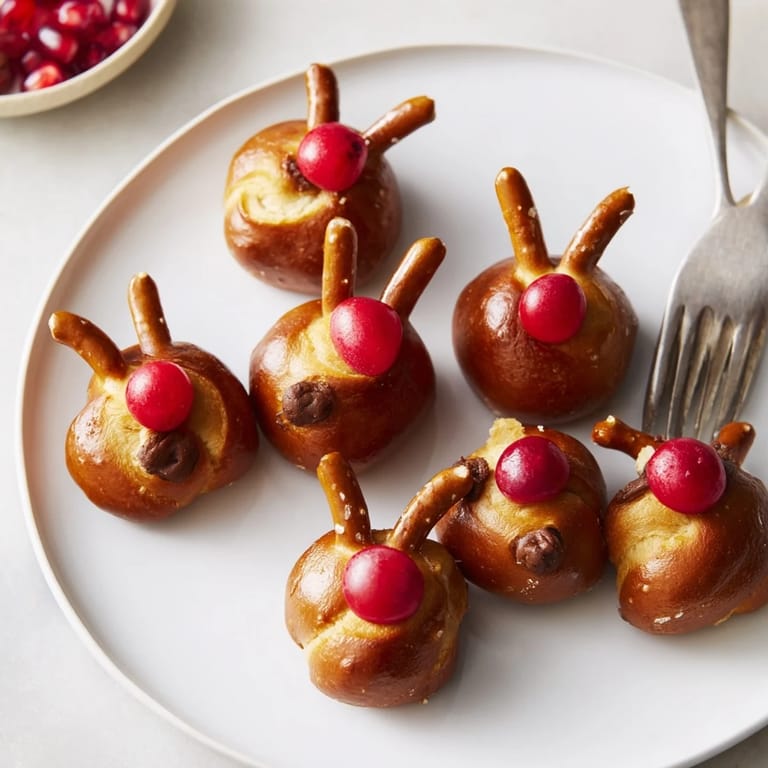 Warm, golden Rudolfs Red Nose Pretzel Bites, filled with melted cheese and adorned with candy noses, ready to eat.