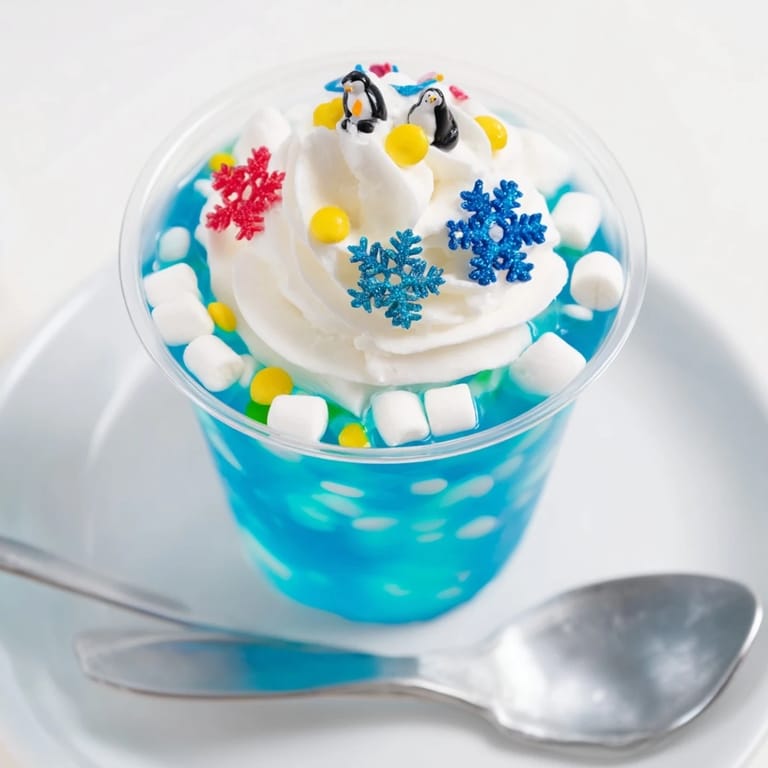 Layered Snow Globe Jello Cups: delightful, jiggly treats with mini marshmallows and white chocolate chips arranged like snow.