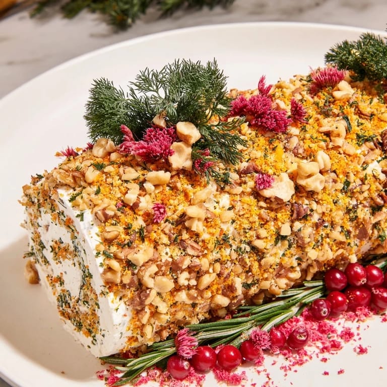 Elegant Yuletide Log Cheese decorated to resemble a yule log, perfect appetizer for your holiday table.