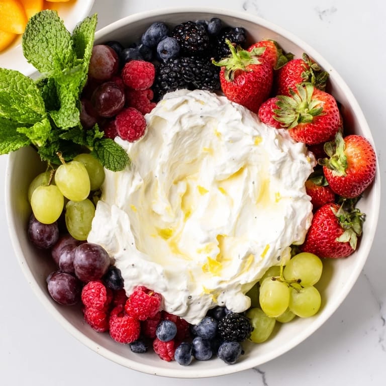 Close-up of a delightful Mistletoe Kiss Berry Dip Board with ripe berries surrounding a creamy central dip.