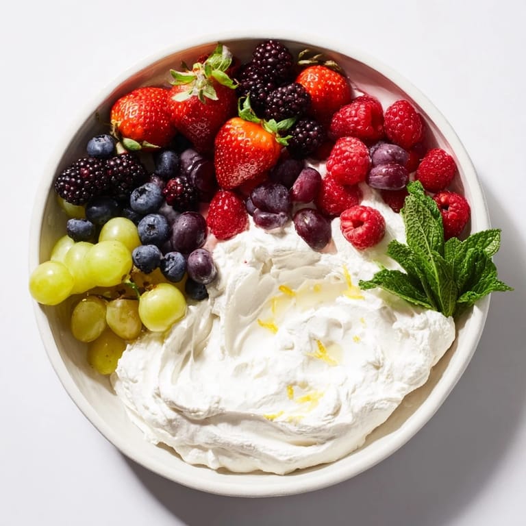 This Mistletoe Kiss Berry Dip Board features a festive arrangement of fresh fruit alongside a smooth, delicious dip.