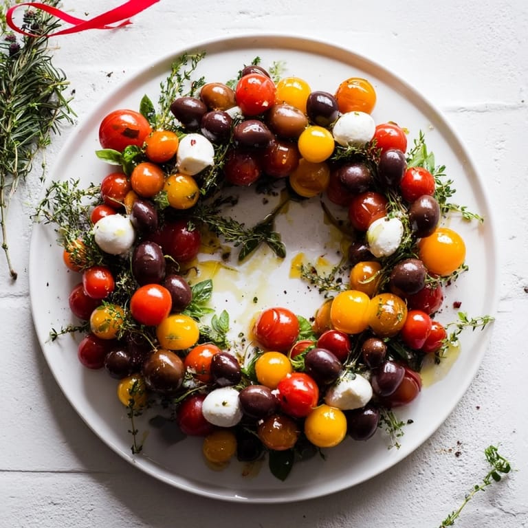 Eye-catching Appetizer Wreath with juicy cherry tomatoes and olives in a beautiful wreath, perfect for sharing.