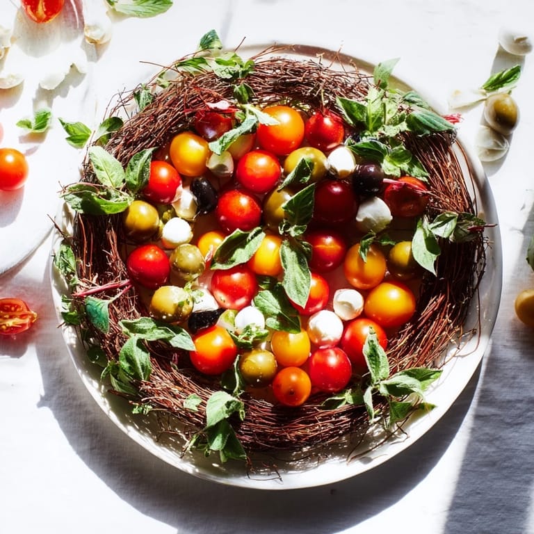 Freshly assembled Appetizer Wreath: The savory flavors of the olive and tomato ring are ready to be served.