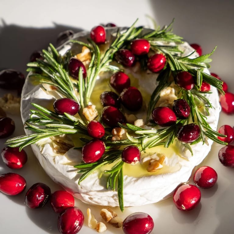 A gorgeous Brie cheese wheel, beautifully decorated with a fragrant rosemary wreath, ready to serve.