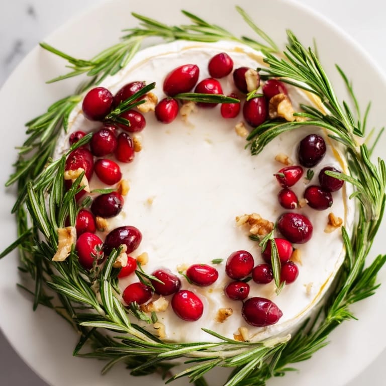 Festive Brie cheese wheel: a close-up showcasing the rosemary wreath and vibrant garnishes for guests.
