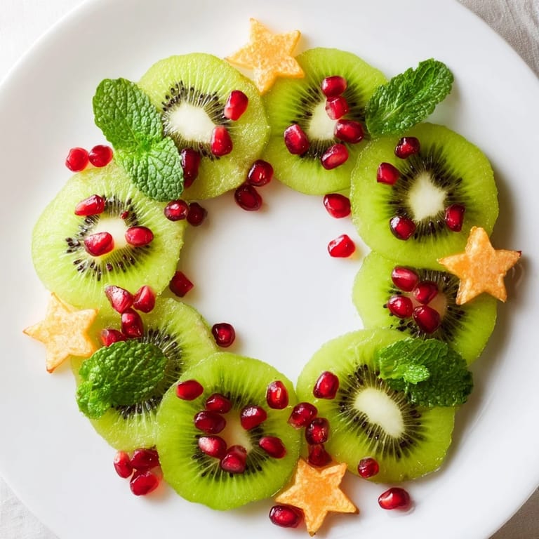 Freshly made Kiwi and Pomegranate Christmas Wreath fruit platter, artfully arranged and sprinkled with sweet pomegranate.