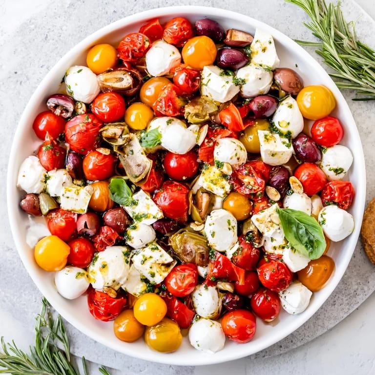 A festive Olive and Cherry Tomato Garland Board garnished with fresh rosemary and herbs, ready to serve.