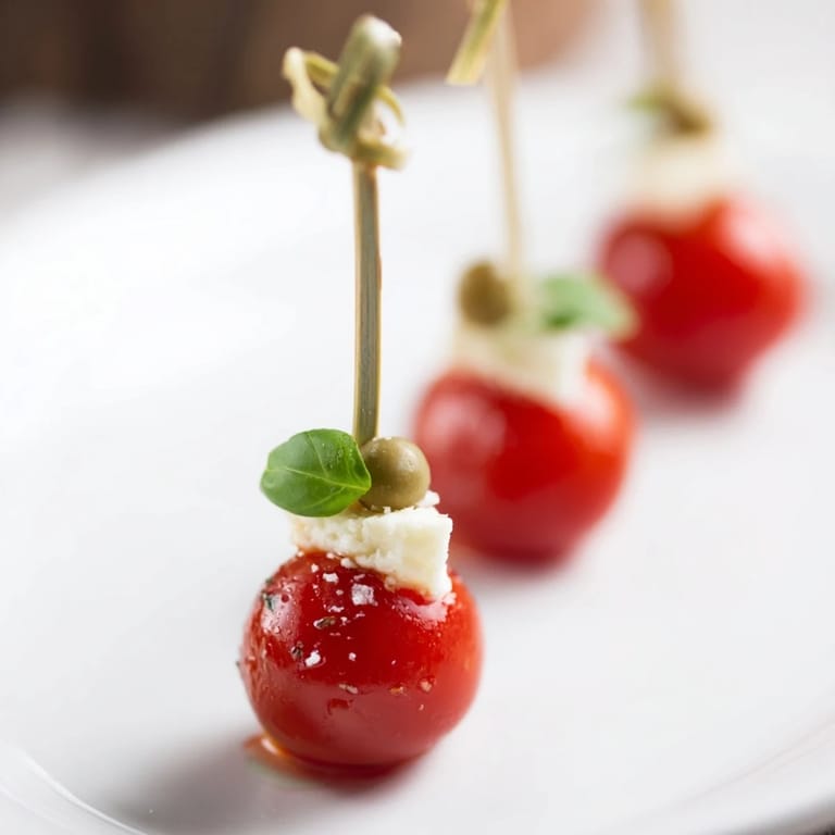 Close-up of a festive Red and Green Caprese Skewer Tree featuring colorful tomatoes and basil, perfect to serve.