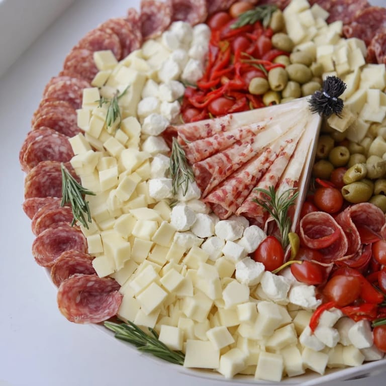 A delightful holiday charcuterie featuring Santa's Beard and Hat, showcasing colorful meats and cheeses on a platter.