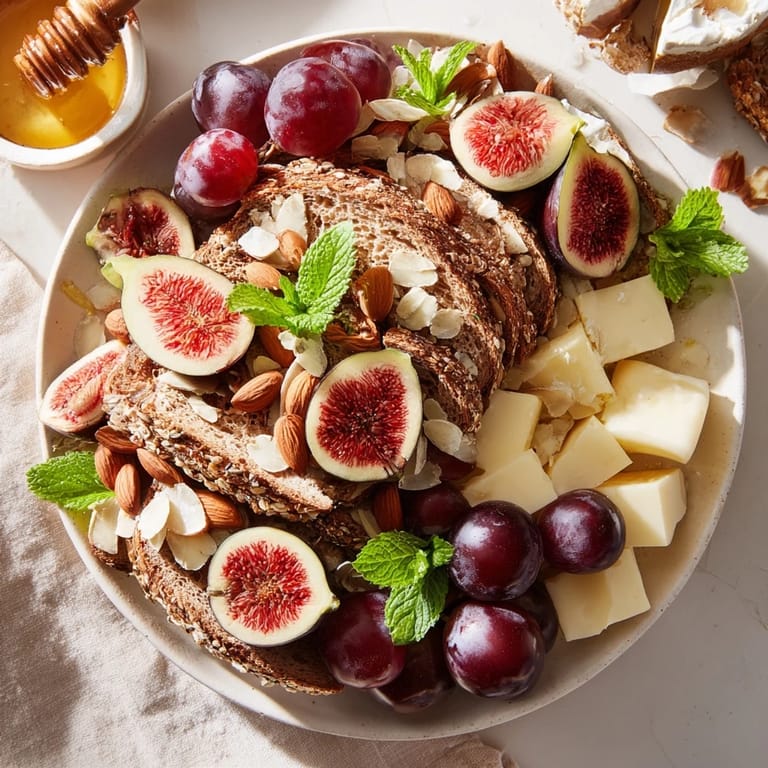 This Harvest Scythe platter shows a colorful assortment of breads and fruits, perfect for a gathering.