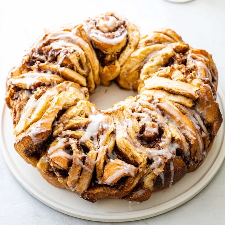 Freshly baked Cinnamon Roll Pull-Apart Wreath, smelling of cinnamon and ready to enjoy.