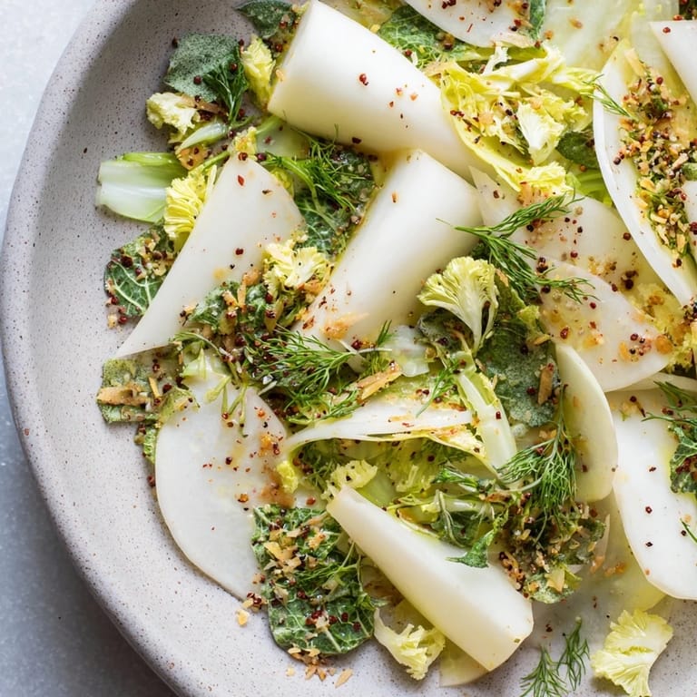 Crisp kohlrabi and daikon radish are artfully arranged in this stunning Tundra Trek salad.