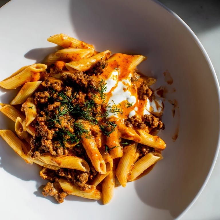 A close-up view of generously plated Turkish Pasta with Ground Turkey showing tender pasta and spiced meat.