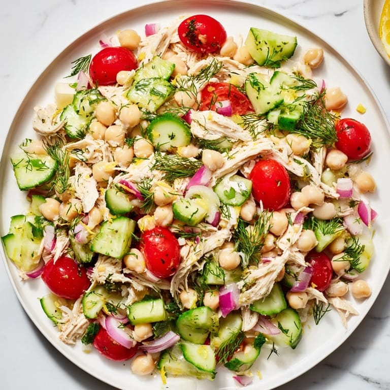Hearty close-up of a refreshing Dense Bean Salad with Lemon-Dill Chicken, perfect for a light yet filling meal.