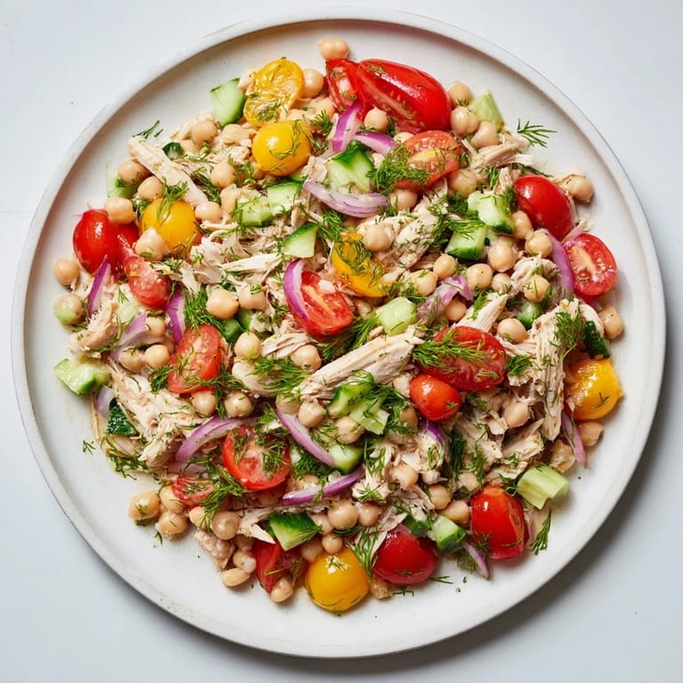 A flavorful, healthy bowl of Dense Bean Salad with Lemon-Dill Chicken, showcasing its fresh ingredients and zesty dressing.