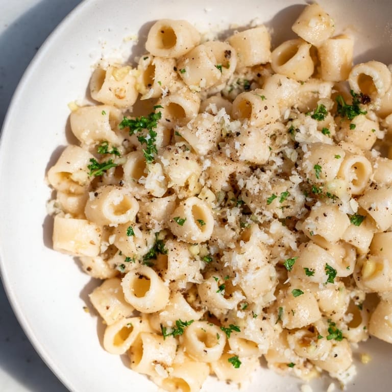 A comforting bowl of One-Pot Garlic Butter Ditalini; this quick Italian meal is ready in minutes.