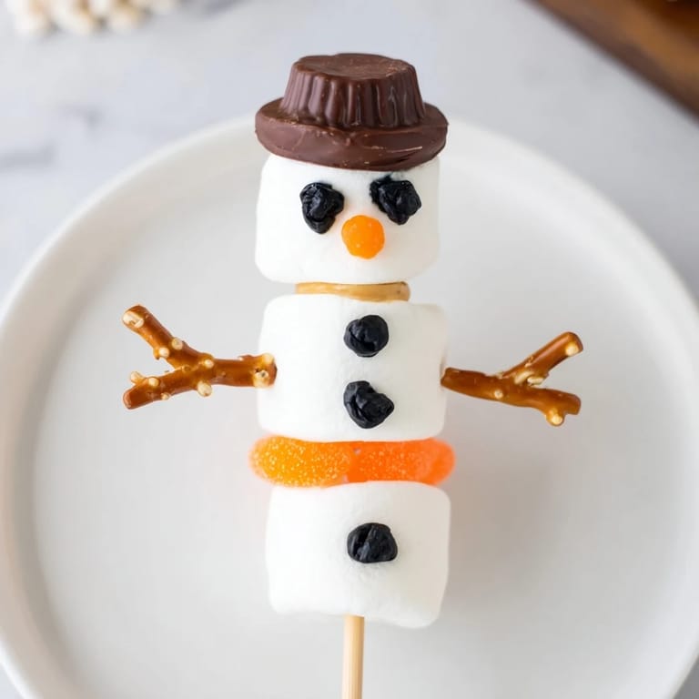 Easy, no-bake marshmallow snowman stick arrangement, inviting kids to enjoy this winter snack.