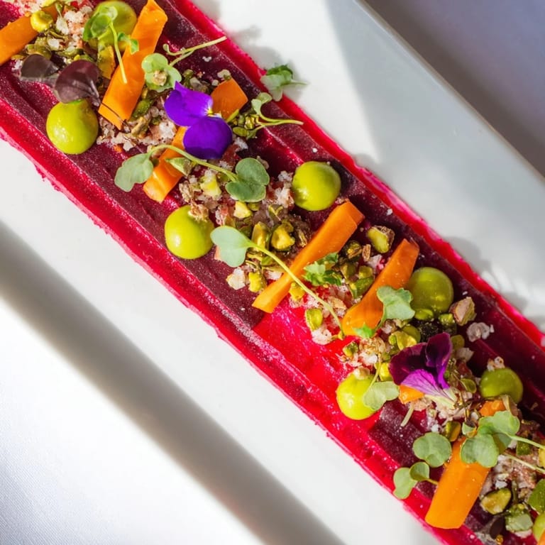 This Modernist Stripe recipe features a bold stripe of red beet purée topped with carrot and avocado cream.